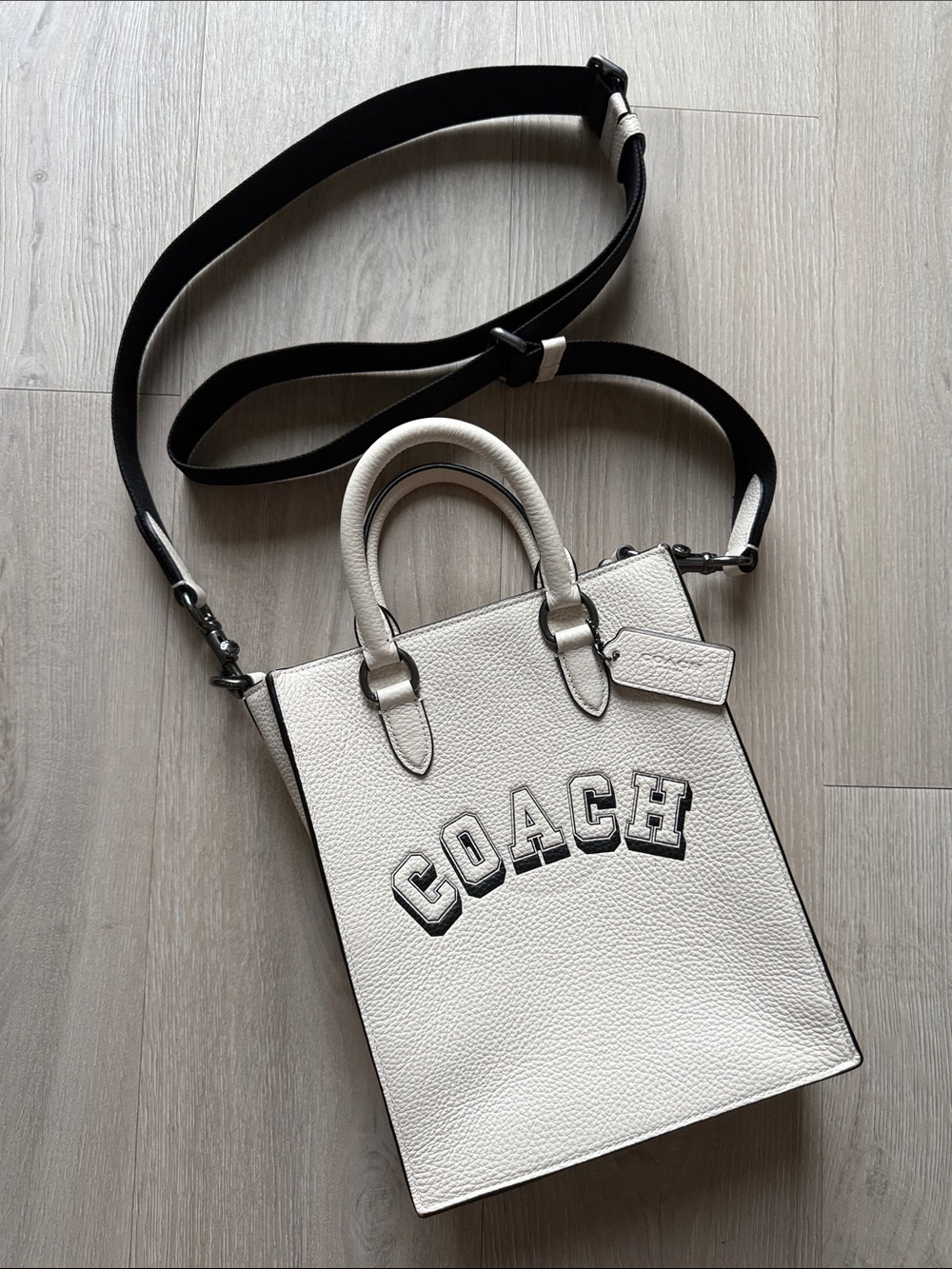 Coach Cream Pebbled Leather Crossbody Tote with Black Strap